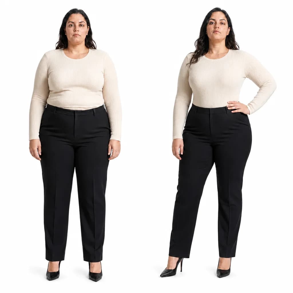 Knit top & tailored trousers before and after wearing WoWearShape